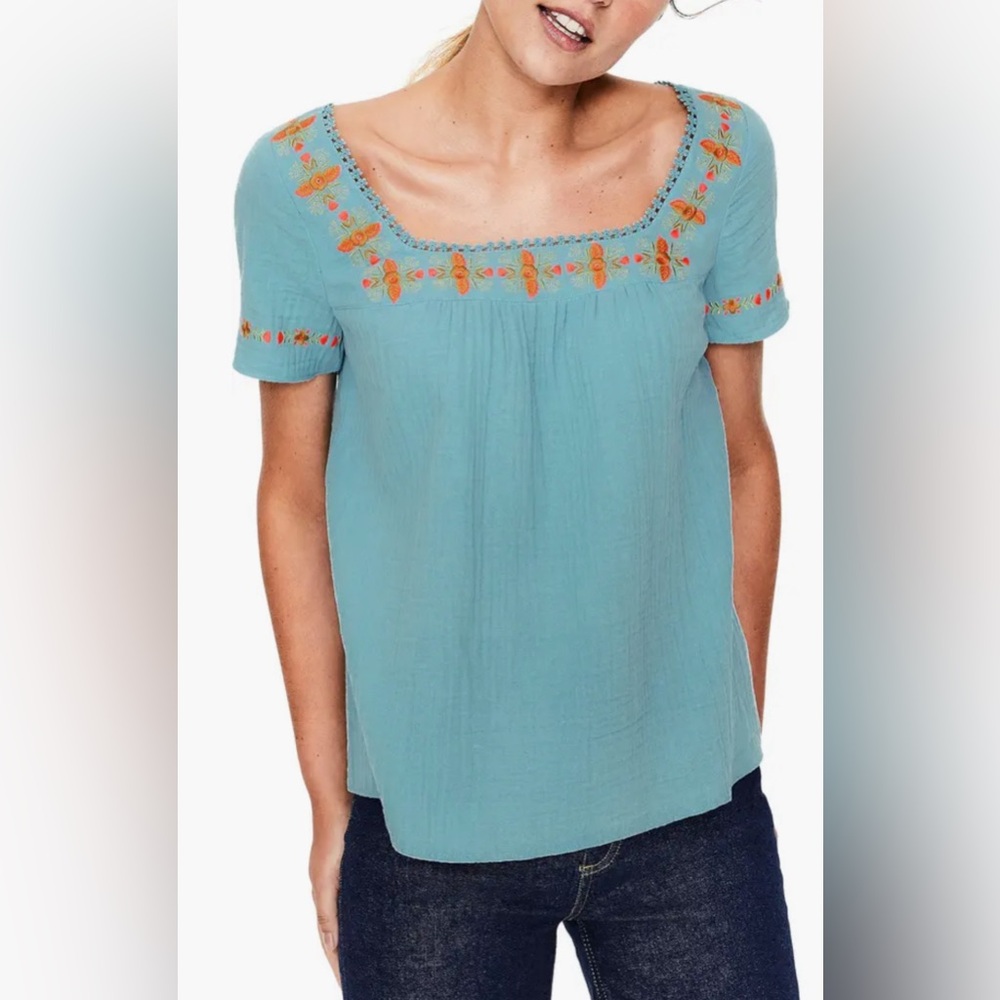 Boden Shirt Women's blouse Clemmie Embroidered Cotton Peasant Top blue gold pink - Picture 7 of 8